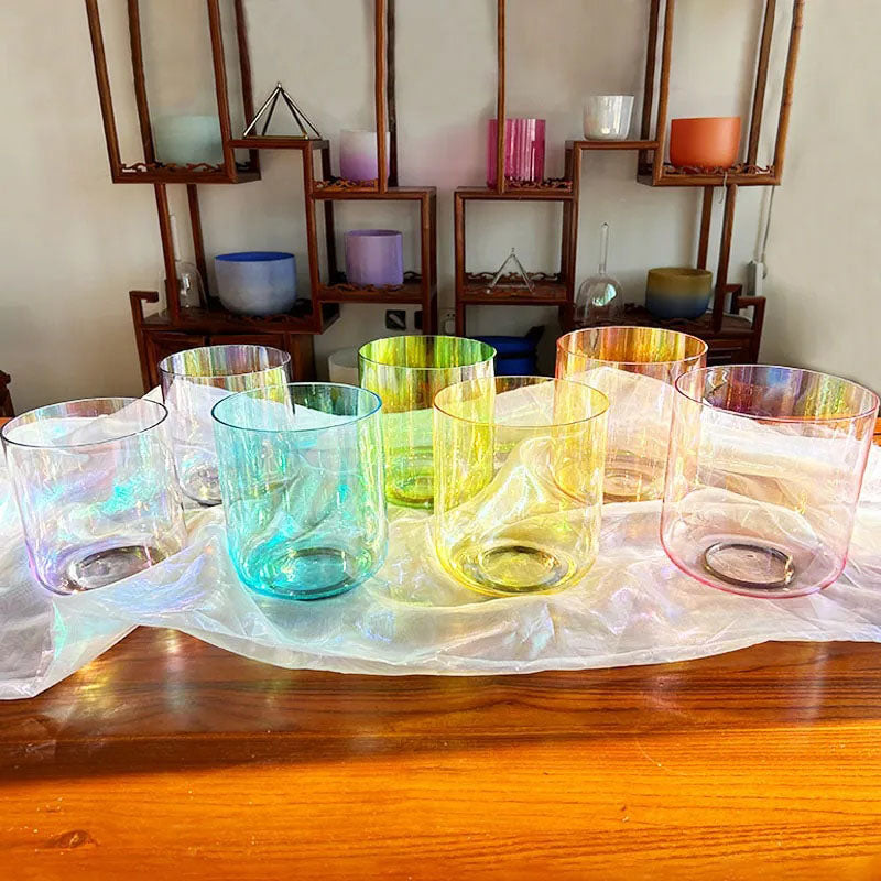 7-Piece Light Rainbow Top Cosmic Crystal Singing Bowl Set for High-End Sound Therapy with Mallet, O-Ring, and Bag