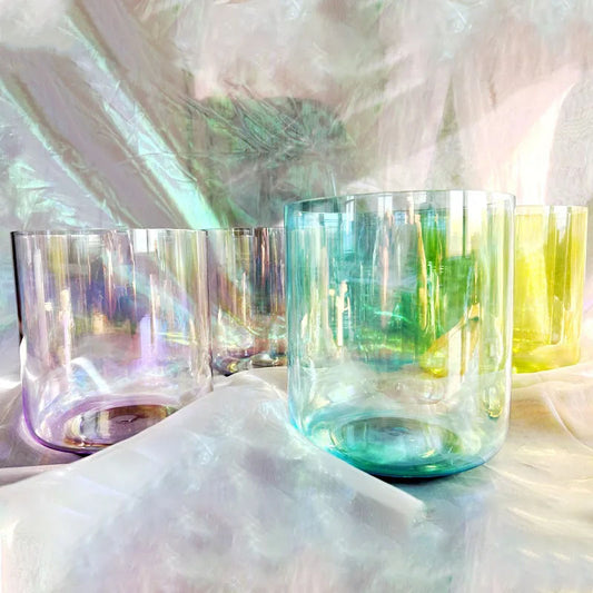 7-Piece Light Rainbow Top Cosmic Crystal Singing Bowl Set for High-End Sound Therapy with Mallet, O-Ring, and Bag
